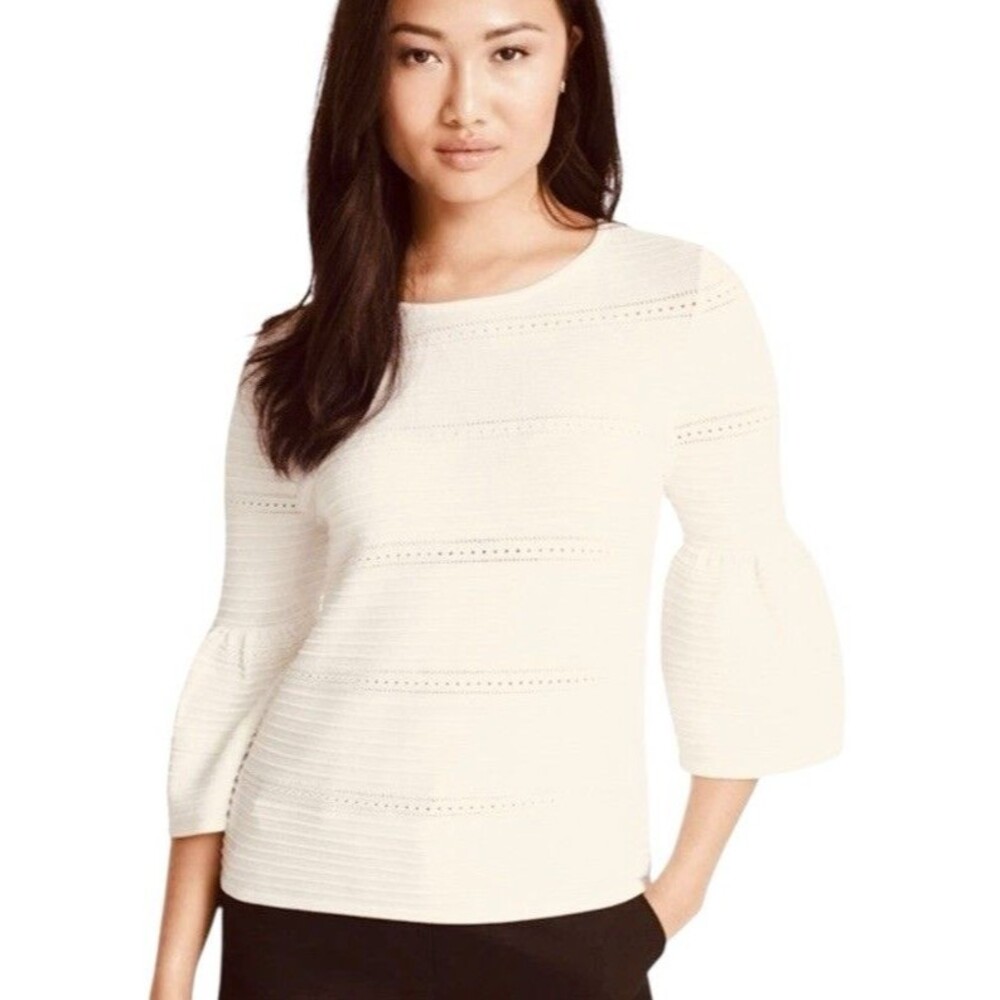 White House Black Market Bell Sleeve Top XS Ivory Pointelle Fabric Career EUC